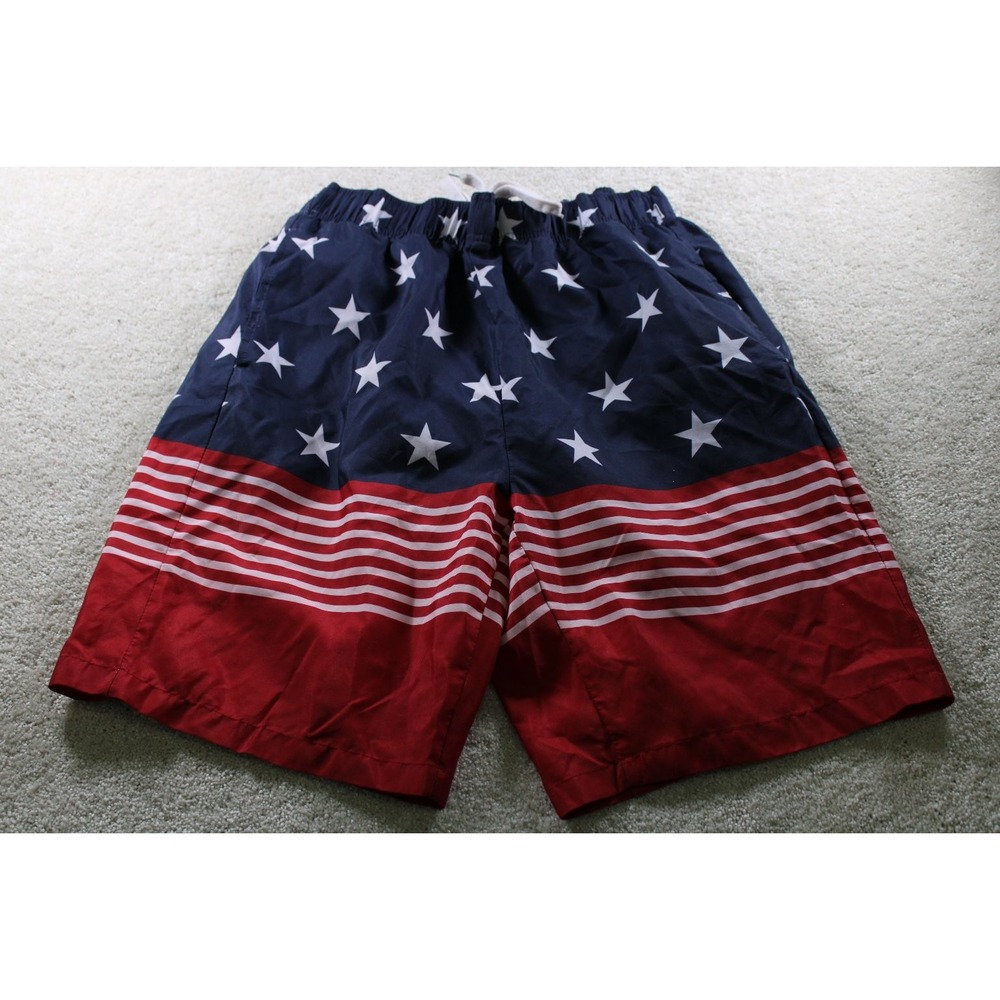 Open Trails Men's Swim Trunks L Red Blue Stars Stripes‎ Polyester